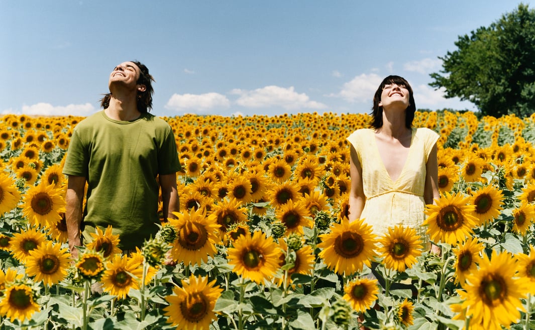 Two Serene People Standing with Their Eyes Closed in an Abundant Field of Sunflowers